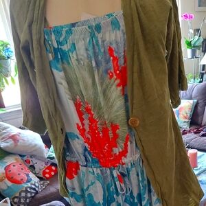 Jumpsuit tropical plants w/ sage throw lil jacket.